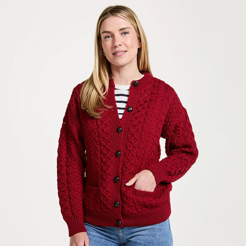 A570 014 RICH RED Colour Traditional Aran Lumber Cardigan Shamrockgift.com