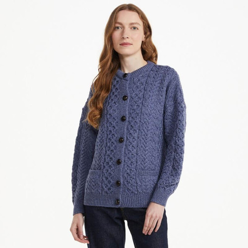 A570 206 DENIM BLUE Colour Traditional Aran Lumber Cardigan Shamrockgift.com