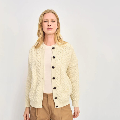 Aran-Woollen-Mills-White-Women's-Irish-Cardigan-Woman-A570162-Shamrockgift.com