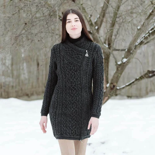 SAOL Beautiful Women's Irish Cardigan ML143 Charcoal ShamrockGift Front View