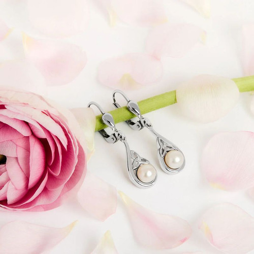 Sterling Silver Drop Earrings with Trinity Knot and Pearls Design ShamrockGift.com