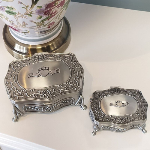 BUY NOW 2025 Both Sizes Standing Pewter Jewelry Box with Claddagh Lifestyle ON ShamrockGift.com