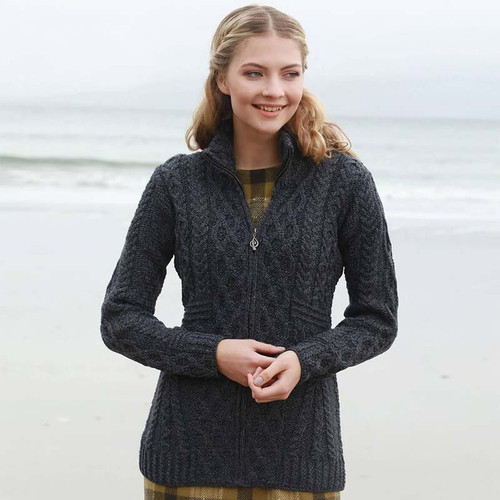 Aran-Woollen-Mills-Ladies-Irish-Zipper-Wool-Cardigan-Derby-Purple-Color-Lifestyle-B926-ShamrockGift.com