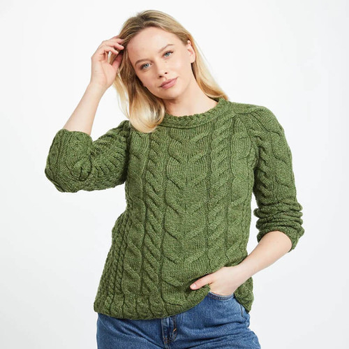 Aran Woollen Mills Irish Cabled Sweater B951 Meadow Green Face ShamrockGift.com