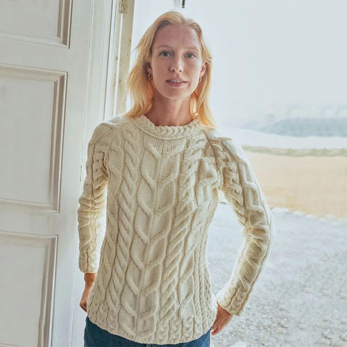 B951 367 NATURAL WHITE Color Ladies Irish Cabled Sweater Front view ShamrockGift.com