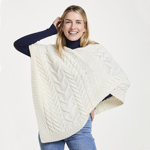 B676-367 NATURAL WHITE Supersoft Merino Knit Triangular Poncho Shamrockgift.com