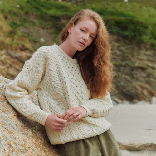 A823-162 White Ladies Crew Neck Aran Sweater Front Lifestyle ShamrockGift.com
