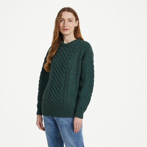 A823-Green Ladies Crew Neck Aran Sweater ShamrockGift.com