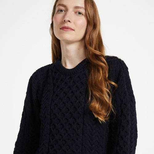 A823-Navy Ladies Crew Neck Aran Sweater ShamrockGift.com