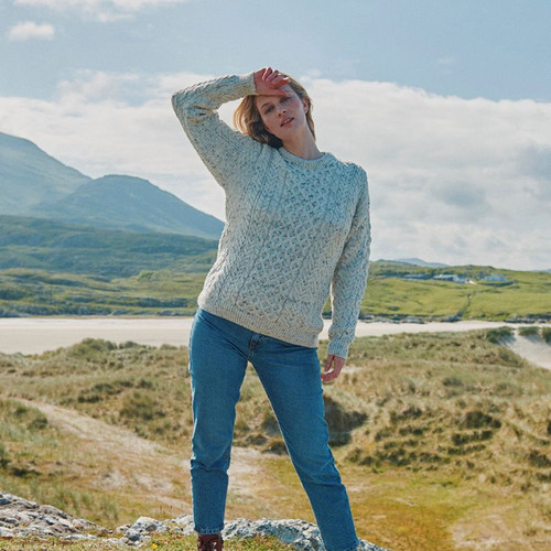 A823-White Ladies Crew Neck Aran Sweater Lifestyle ShamrockGift.com