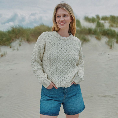 A823-White Ladies Crew Neck Aran Sweater Back View ShamrockGift.com