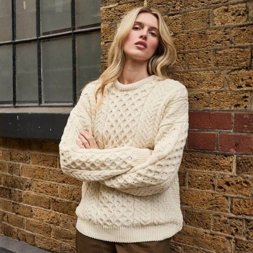 A823162 Ladies Traditional Crew Neck Aran Sweater ShamrockGift