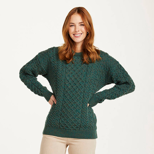 A823-403 Connemara Green Ladies Crew Neck Aran Sweater Front Lifestyle ShamrockGift.com
