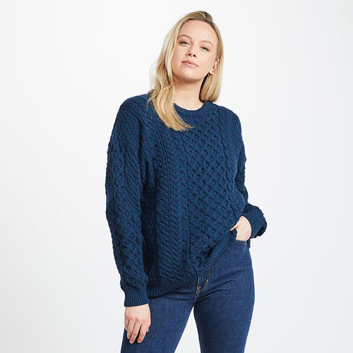 A823-303 Atlantic Blue Ladies Crew Neck Aran Sweater Front Lifestyle ShamrockGift.com