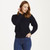 A823 - 161 Navy Blue Ladies Crew Neck Aran Sweater Front Side Lifestyle ShamrockGift.com