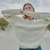 A823-White Ladies Crew Neck Aran Sweater Front View Lifestyle ShamrockGift.com