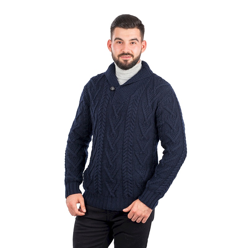 Navy Blue Men's Single Button Shawl Collar Aran Sweater | SAOL