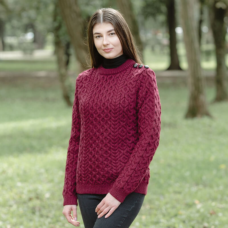 Irish Handknit Crewneck Aran Sweater | Real Irish Medium 42 / Red - 3717