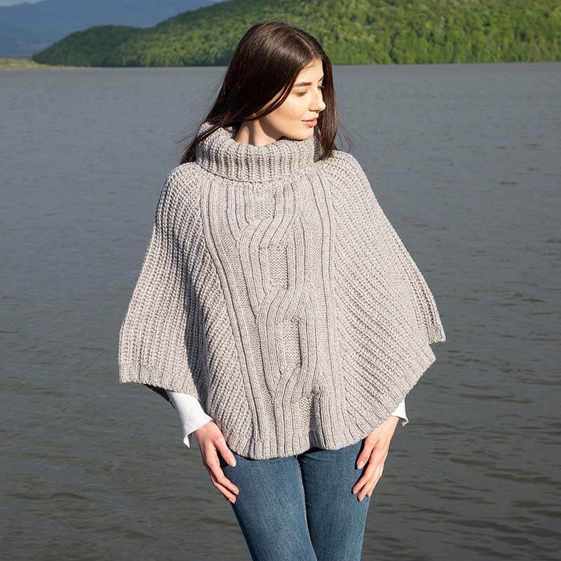 Saol Women's Cable Knit Merino Wool Poncho Sweater