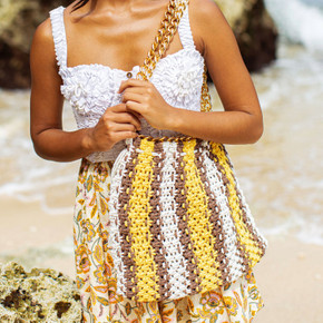 Stunning COLETTE Macrame BEACH BAG In Yellow X Brown