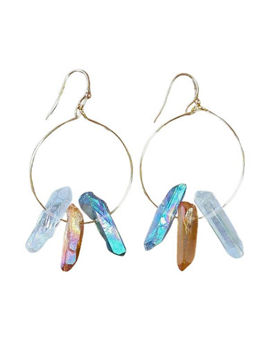 Gold Hoop Dangle Earring with Three Raw Quartz Crystals in Mystic Grey, Rainbow and Peach Quartz