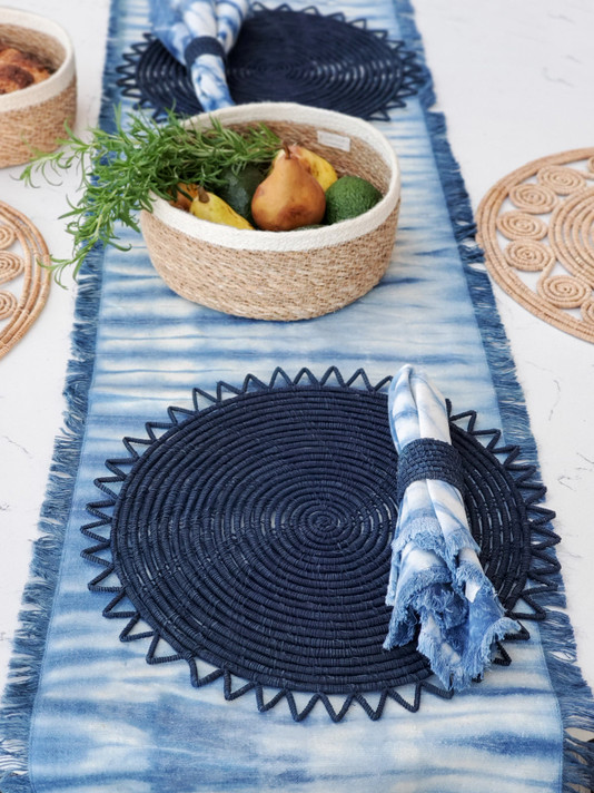 Tie dyed blue table runner.