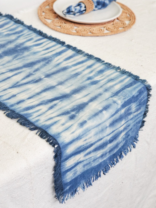 Tie dyed blue table runner.