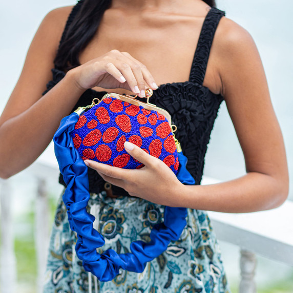 Hand-beaded Womens Clutch, in Savoy Blue & Red