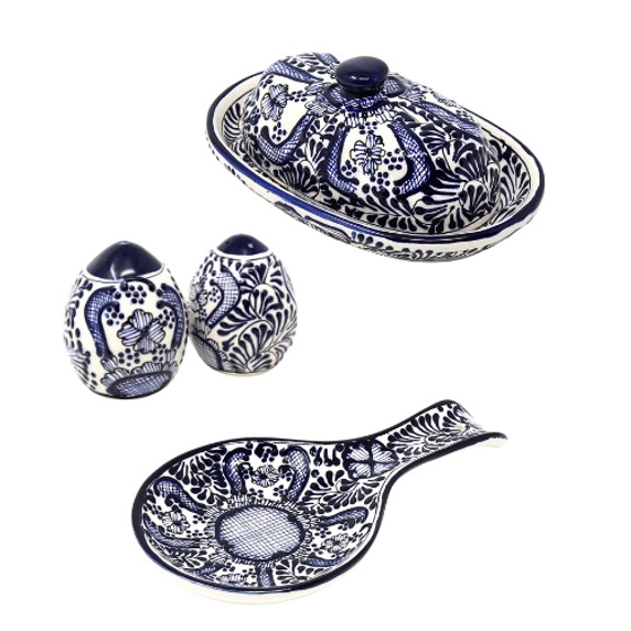Mexican butter dish, salt pepper, spoon rest gift set