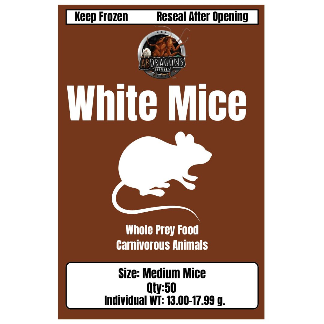 Frozen White Medium Mice (50 Per Bag) ONLY Ship Monday