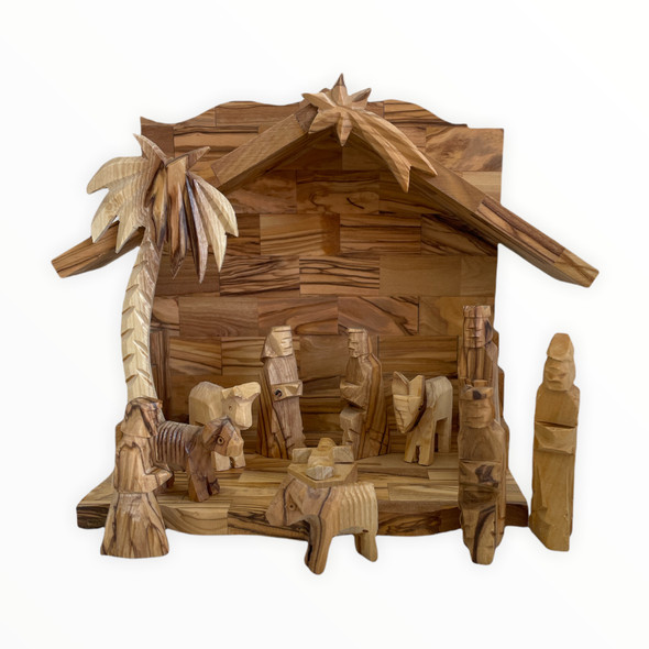 Olive Wood Stable with Children's Nativity Set 12pcs.