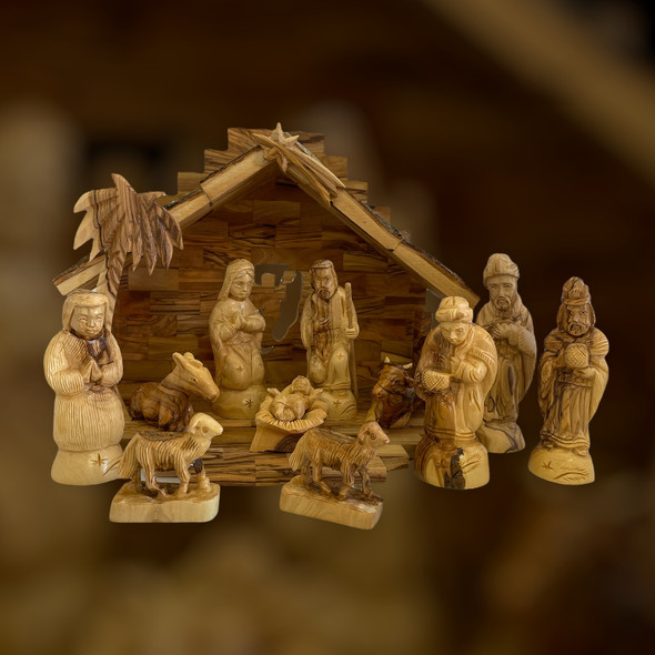 Deluxe Nativity Set with Olive Wood Stable with Angel and Rustic Bark Roof