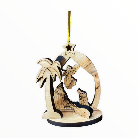 3-D Olive Wood Nativity Scene Ornament with Angel and Palm Tree
