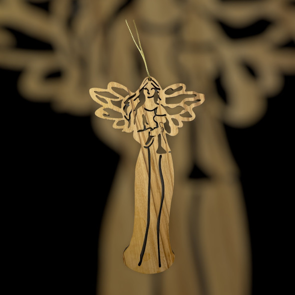 Olive Wood Angel with Flute Ornament