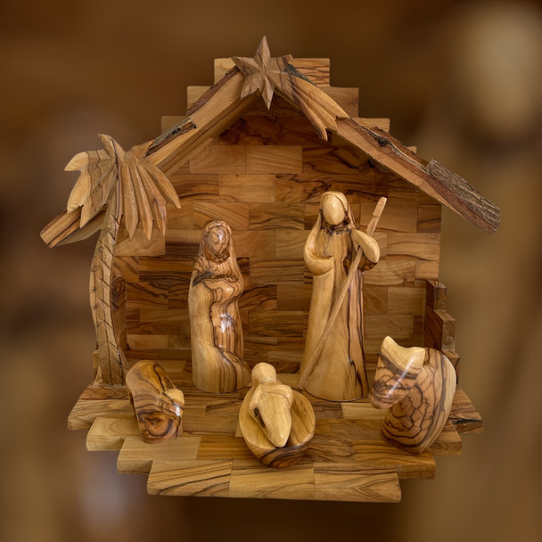 Olive Wood Nativity Set with Rustic Stable with Bark