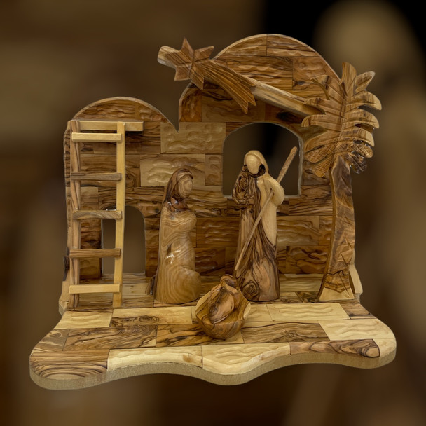 Olive Wood Modern Nativity Set and Hand Carved Stable.