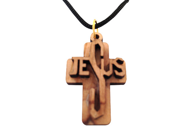 Olive Wood Jesus Name Cross Pendant 1.3"H W/Black Cord.