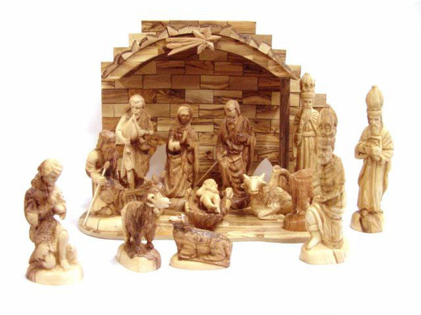 Olive Wood Crown Nativity Set (15 Pieces Set)