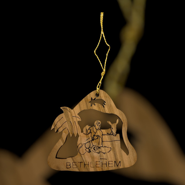 Olive Wood Nativity Manger Scene W/Palm Tree Ornament