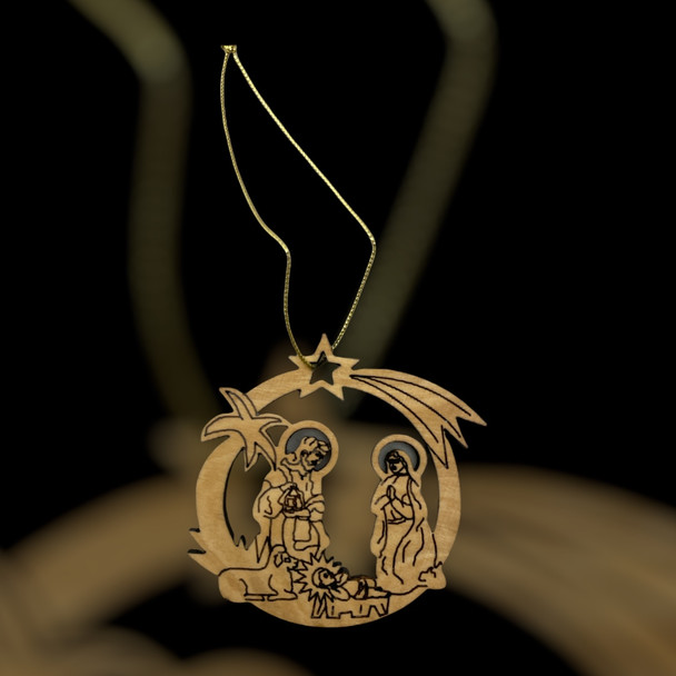 Olive Wood Round Nativity Scene Ornament with Star