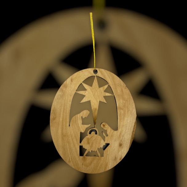 Olive Wood Oval Nativity Ornament