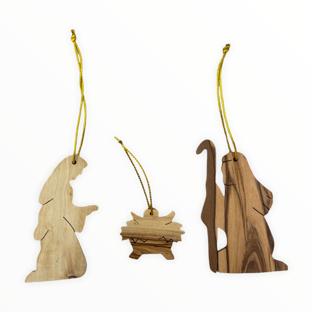 Olive Wood Holy Family Ornament Set of Three Pieces. Joseph, Mary, Baby Jesus