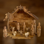 Olive Wood Nativity Set with a Rustic Stable with Bark