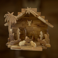 Olive Wood Nativity Set with Glued Figures in the Stable