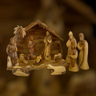 Modern Elegant Nativity Set with Olive Wood Stable that includes the Three Kings Gifts (Gold Frankincense and Myrrh)