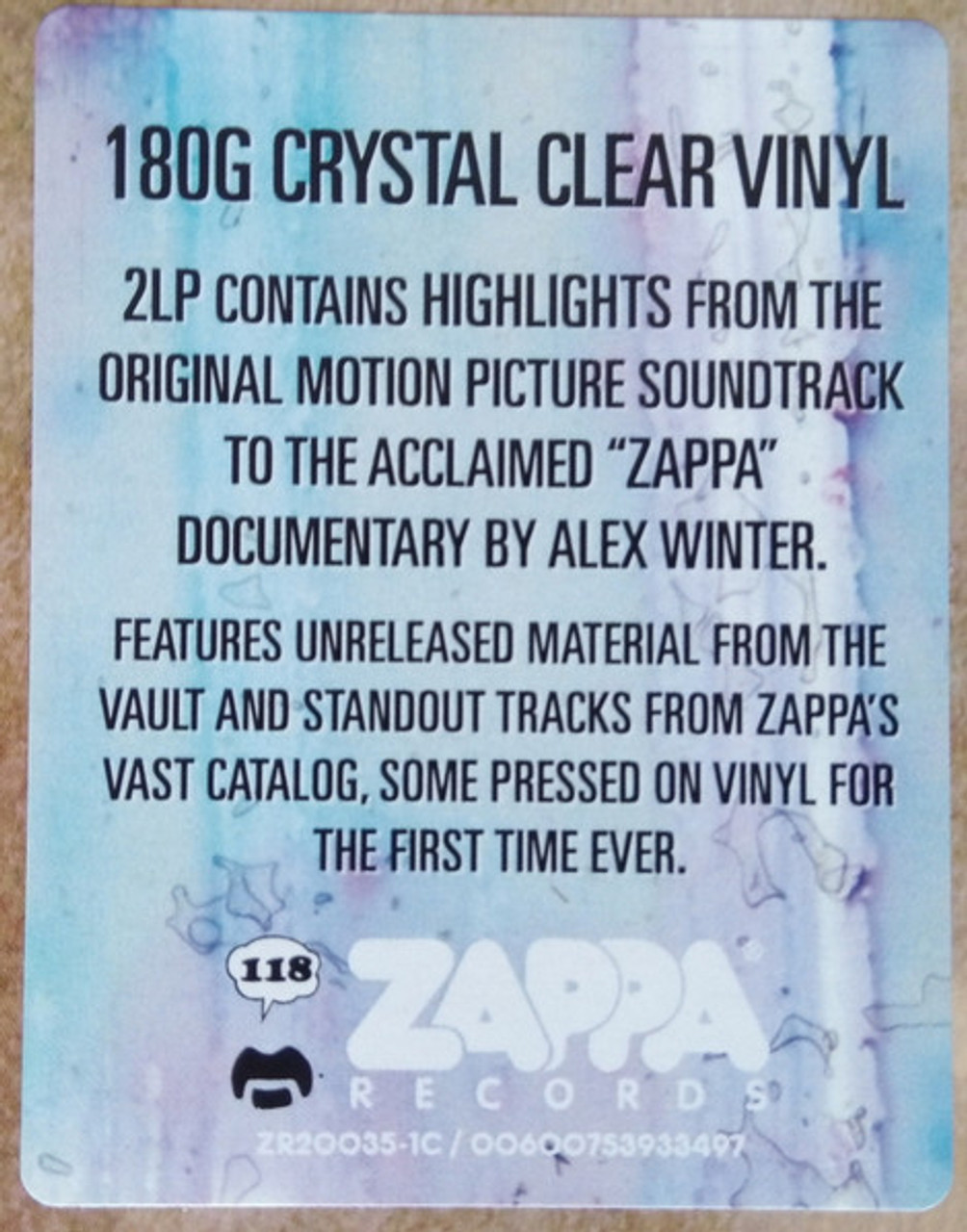 Frank Zappa / Zappa （OST）)（Clear Vinyl） Frank Zappa Zappa Original Motion Picture Soundtrack 180g