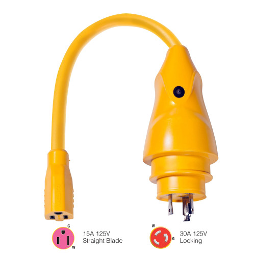 Marinco P30-15 EEL 15A-125V Female to 30A-125V Male Pigtail Adapter - Yellow (P30-15)