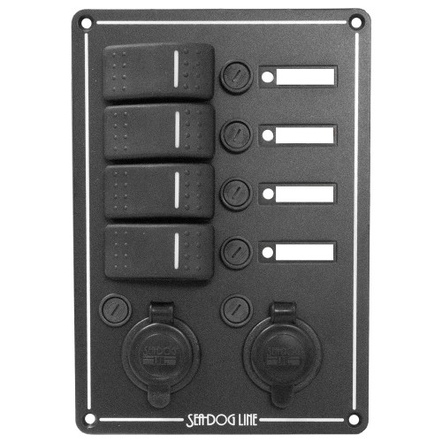 Sea-Dog Switch Panel 4 Circuit w/Dual Power Socket  Illuminated Switches (425146-1)