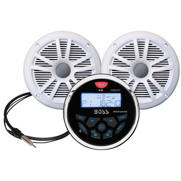 Boss Audio MCKGB350W.6 Combo - Marine Gauge Radio w/Antenna  2 6.5" Speakers - White (MCKGB350W.6)