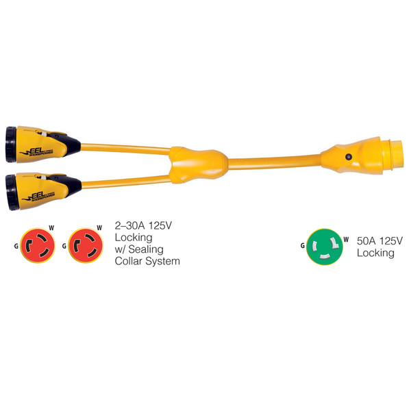 Marinco Y503-2-30 EEL (2)-30A-125V Female to (1)50A-125V Male - "Y" Adapter - Yellow (Y503-2-30)